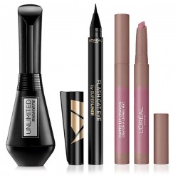 L'Oréal Paris Make It Last Make-Up Set (Unlimited Mascara Black 7,4ml + Flash Cat eyeliner 6ml + Matte Lip Crayon 13g)